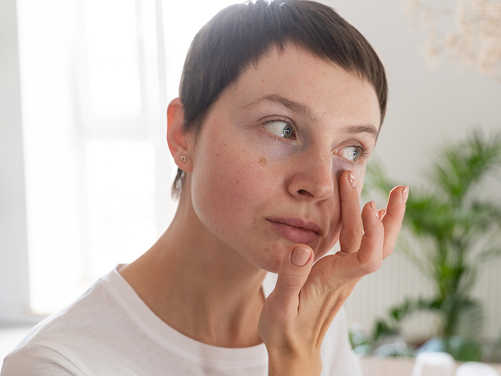 Frau mittleren Alters sitzt im Bademantel vor einem Spiegel, trägt mit einem lächelnden Gesichtsausdruck eine Pflegecreme auf die Haut um die Augen auf.